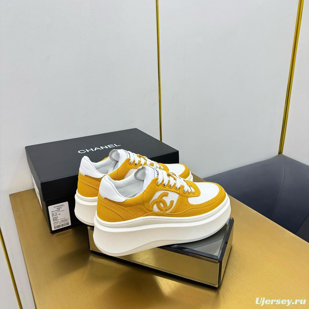 2025 Women Chanel Yellow White Canvas Leather Platform Sneakers