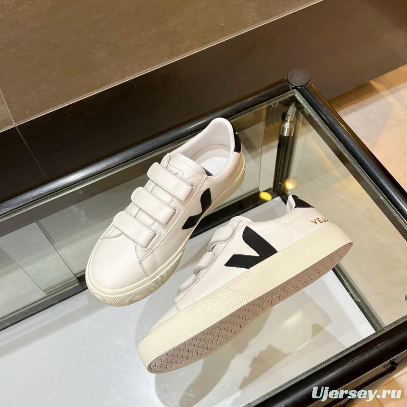 2025 Unisex VEJA White Black Leather Canvas Sneakers Velcro MJ00240(W/M)