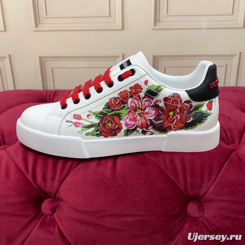 2025 Women Dolce & Gabbana White Red Leather Sneakers Floral LY00300