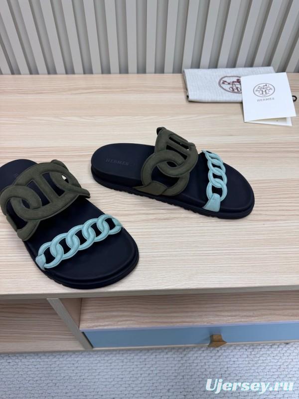 2025 Women Hermès Black Light Blue Leather Slippers