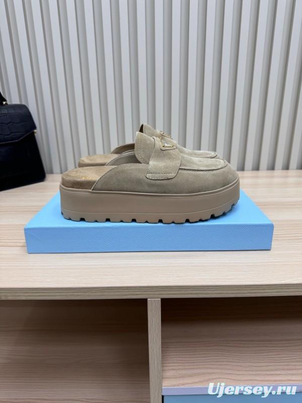 2025 Women Prada Khaki Suede Platform Loafers