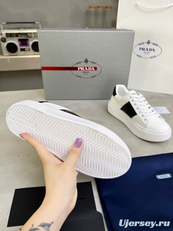 2024 Unisex Prada White Black Silk Calfskin Leather Sneakers MJ00310