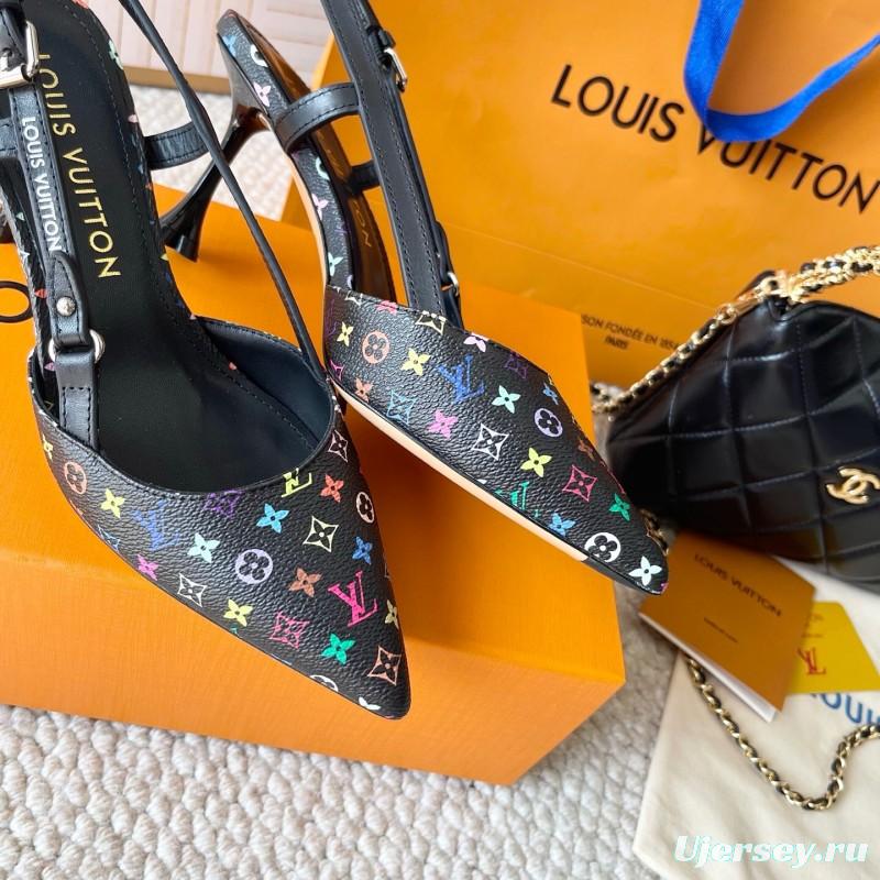 2025 Women Louis Vuitton Black Multicolor Canvas Leather Slingback Heels