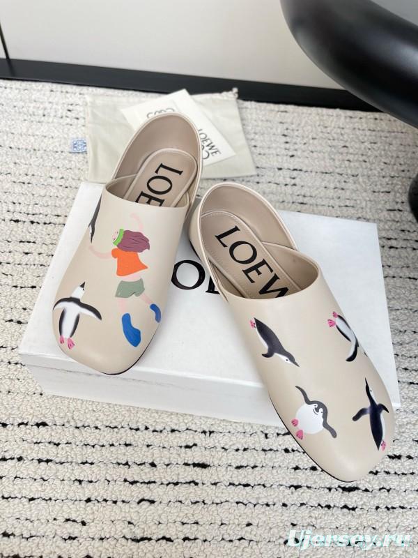 2025 Women Loewe Beige Lambskin Slippers Whale Pattern