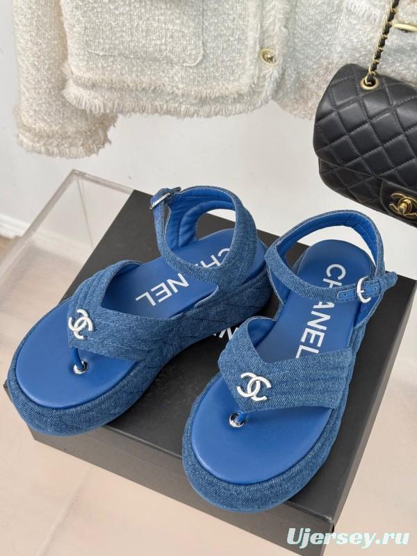 2025 Women Chanel Blue Denim Leather Platform Sandals KFY00260