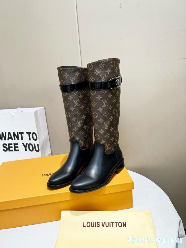 2024 Women Louis Vuitton Brown Black Leather Canvas Boots MJ00400
