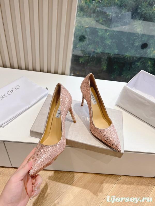 2025 Women Jimmy Choo Pink Glitter Leather Pointed Toe Pumps KFY00280