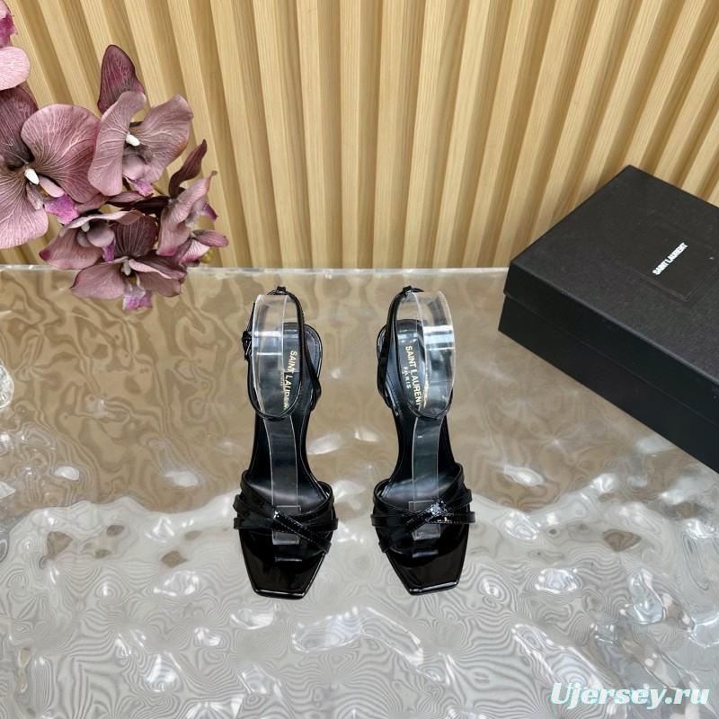 2025 Women Yves Saint Laurent Black Patent Leather High Heel Sandals Metal Logo MJ00310