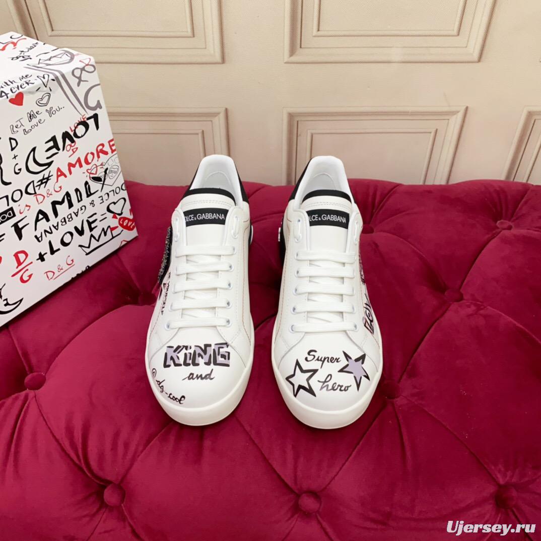 2025 Women Dolce & Gabbana White Black Leather Sneakers LY00340(F)