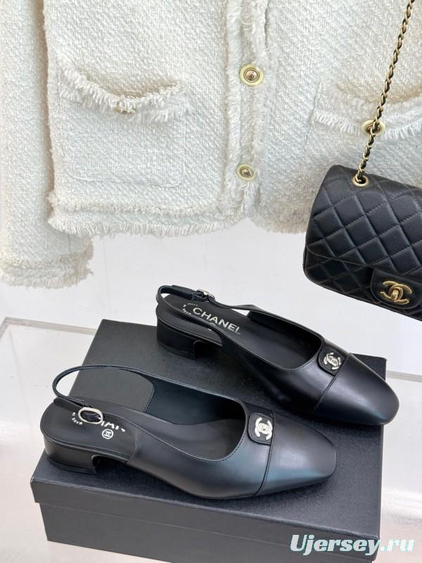 2025 Women Chanel Black Leather Slingback Flats