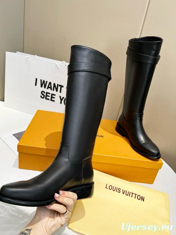 2024 Women Louis Vuitton Black Full Grain Leather Knee High Boots MJ00400