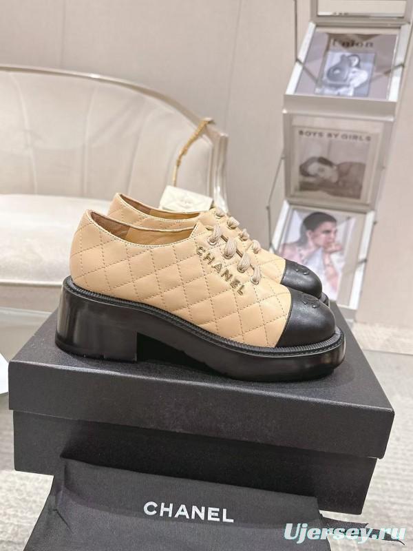 2025 Women Chanel Beige Black Leather Platform Oxford B2099