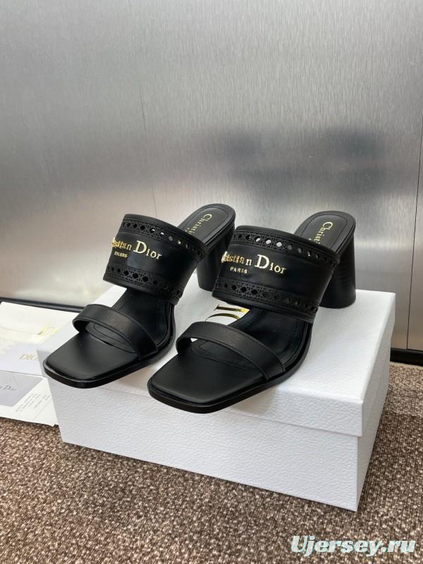 2024 Women Dior Black Leather Slide Sandals