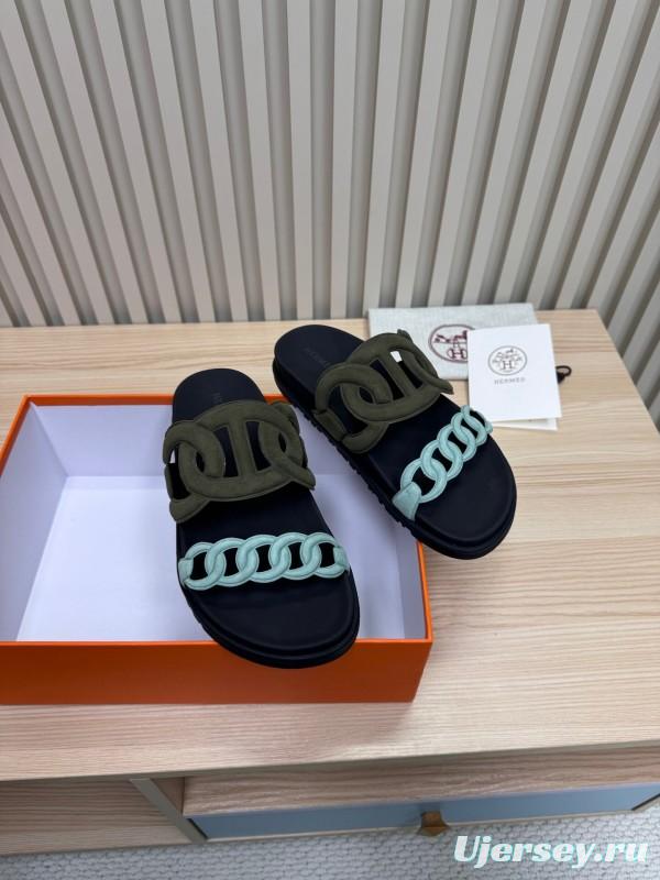 2025 Women Hermès Black Light Blue Leather Slippers