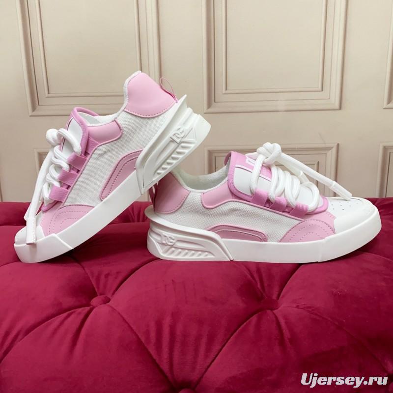 2025 Women Dolce & Gabbana White Pink Leather Mesh Sneakers