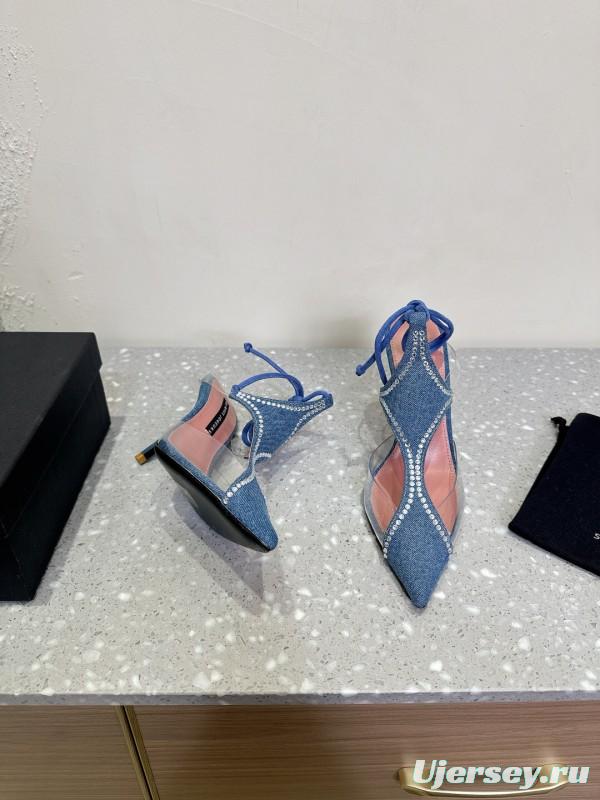 2025 Women Les Petits Joueurs Blue Denim Satin Leather Heels KFY00290