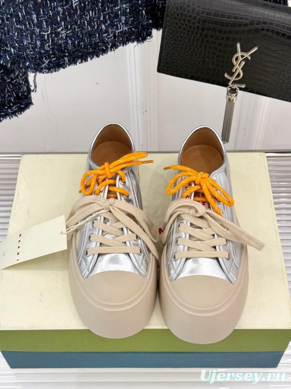 2025 Women Marni Silver Leather Thick Sole Retro Style Platform Sneakers LY00360(F)
