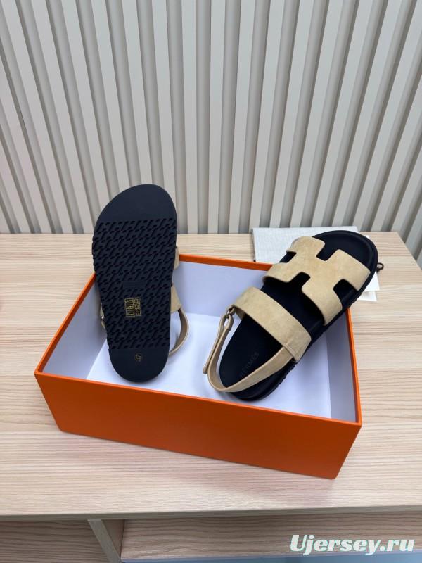 2025 Slippers Hermès Beige Black Suede Leather Sandals