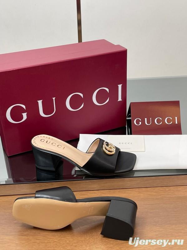 2025 Women Gucci Black Leather Slippers Crystal GG Buckle LY00280