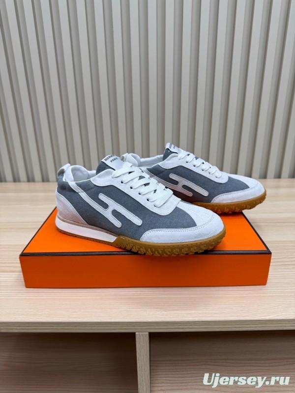 2025 Unisex Hermès White Grey Suede Down Fabric Sneakers Top Version LY00310