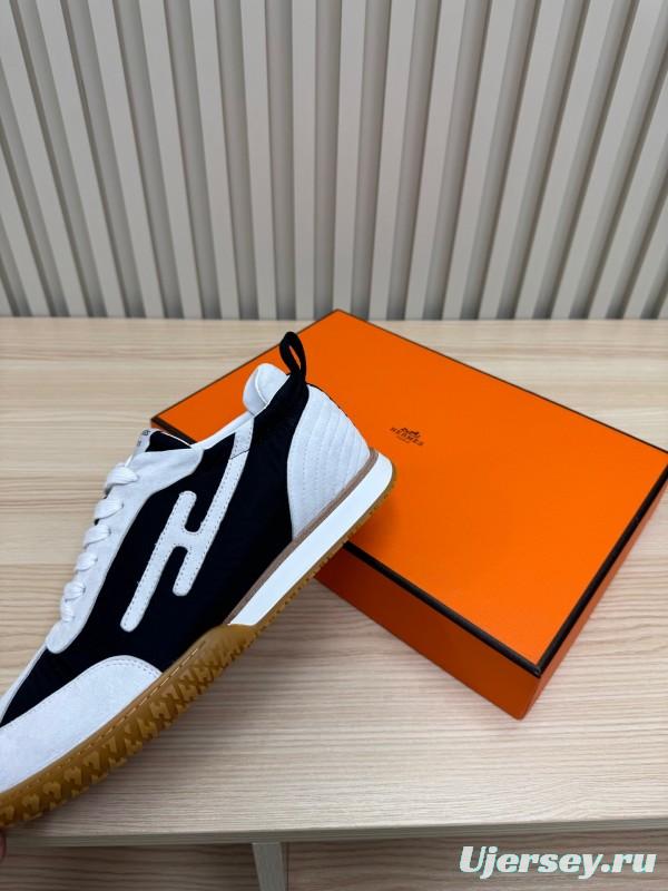 2025 Unisex Hermès White Black Suede Goat Leather Sneakers Top Version KFY00300