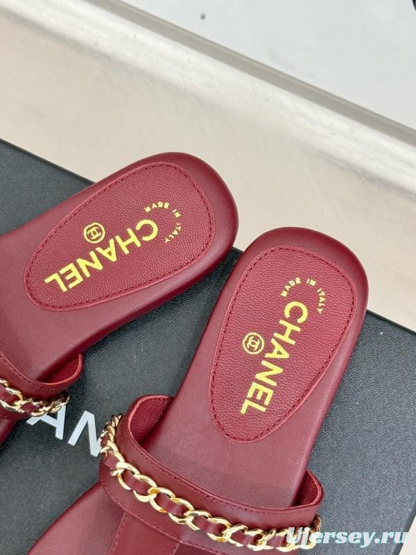 2025 Women Chanel Red Lambskin Chain Sandals KFY00250