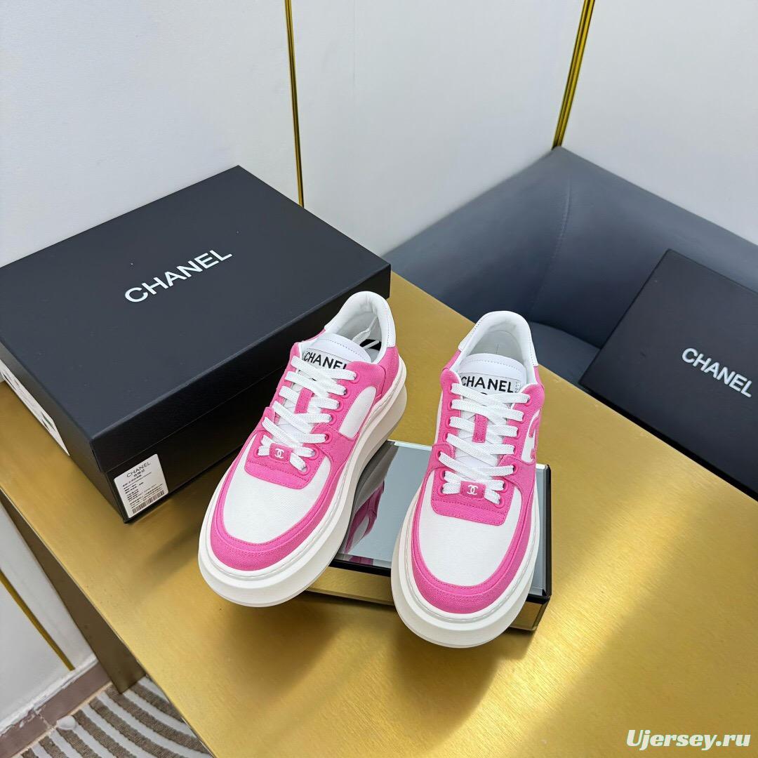2025 Women Chanel Pink White Leather Canvas Sneakers