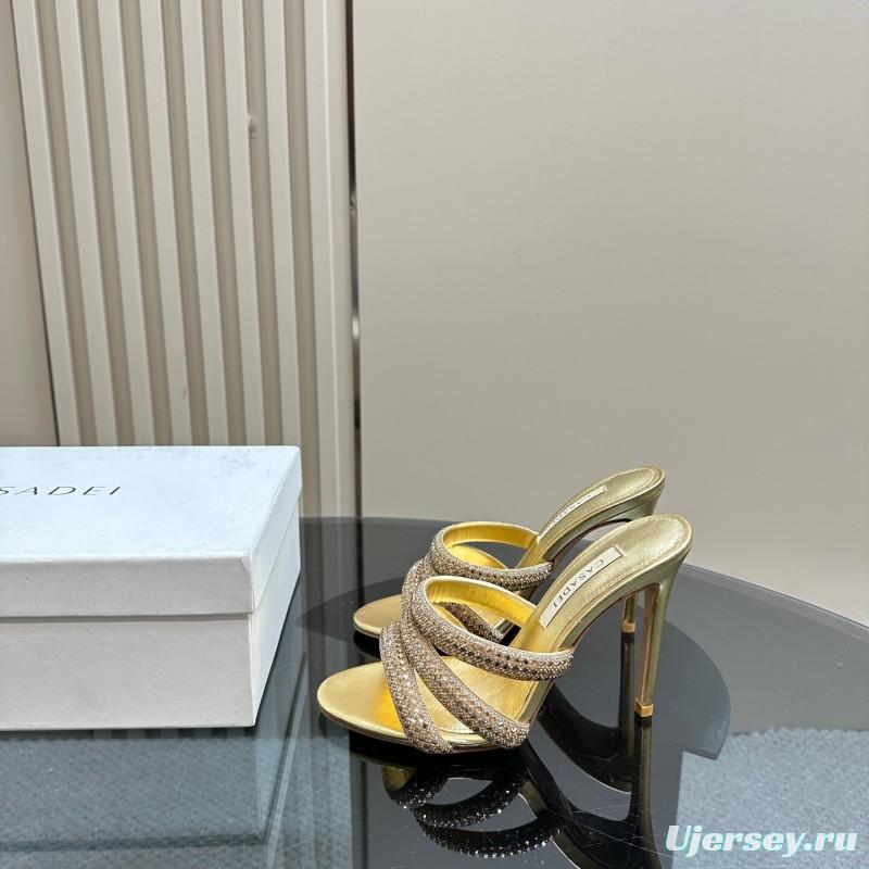 2025 Women Casadei Gold Glitter Leather High Heel Sandals
