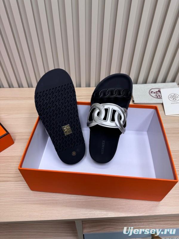 2025 Slippers Hermès Silver Black Leather Chain Decoration