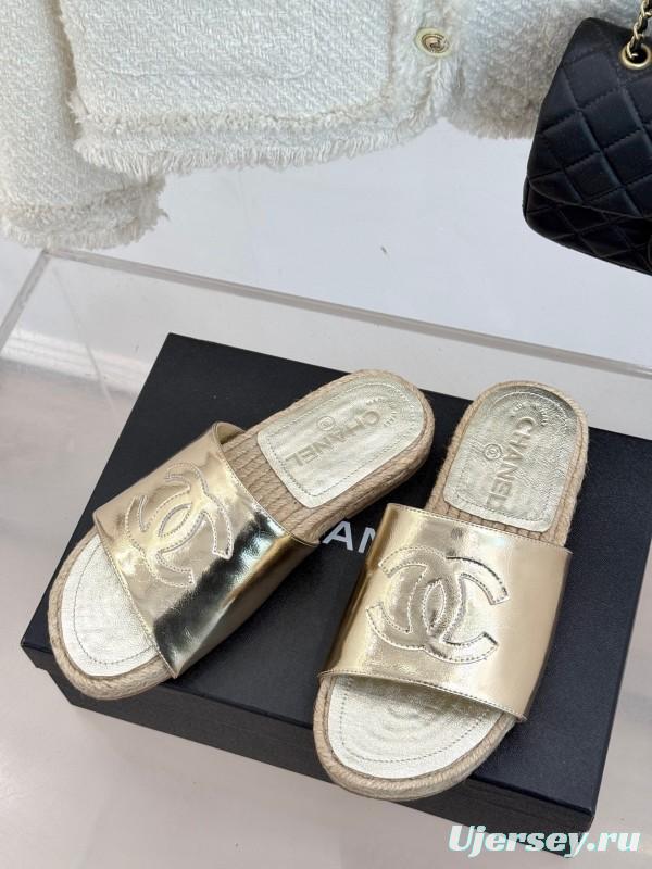 2025 Women Chanel Gold Leather Slippers