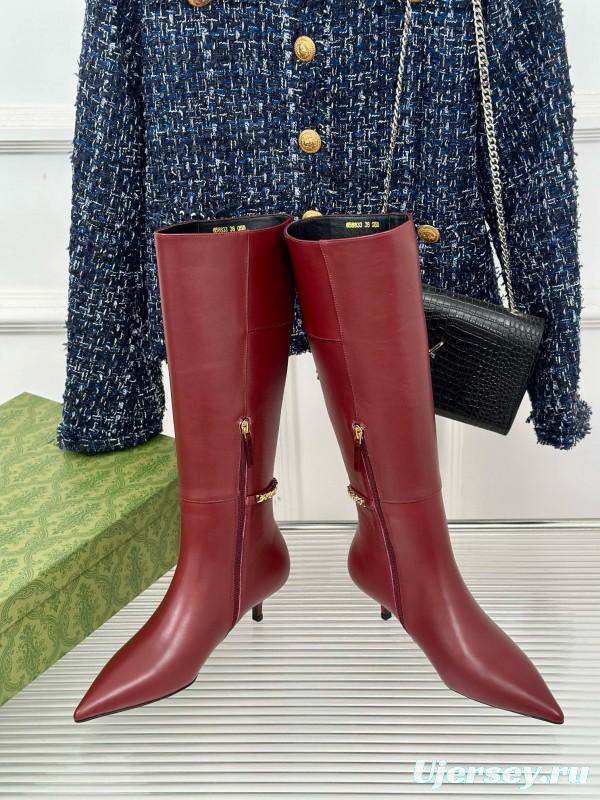2024 Women Gucci Wine Leather Knee High Boots Chain Link MJ00550