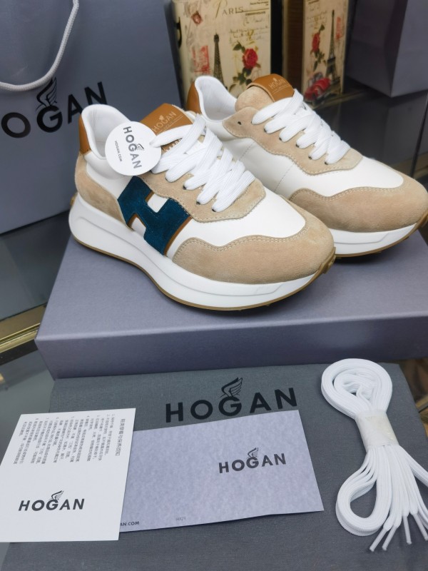 2025 Unisex HOGAN White Beige Blue Leather Suede Platform Sneakers H-STRIPES LY00360(F)/LY00370(M)