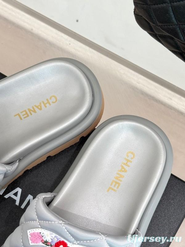 2025 Slippers Chanel Silver Floral Embroidery Leather Slippers KFY00260