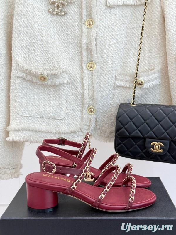 2025 Women Chanel Red Leather Chain Strap Sandals KFY00270