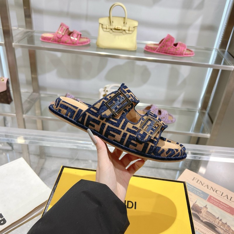 2025 Slippers Fendi Blue Brown Jacquard Buckle KFY00250