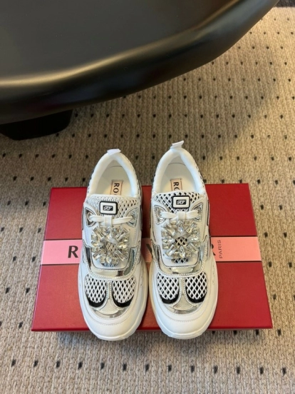 2025 Women Roger Vivier White Black Leather Synthetic Fabric Sneakers KFY00380