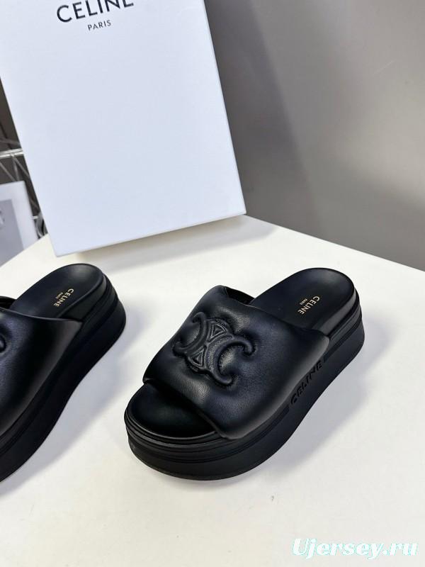 2025 Women Celine Black Leather Slippers