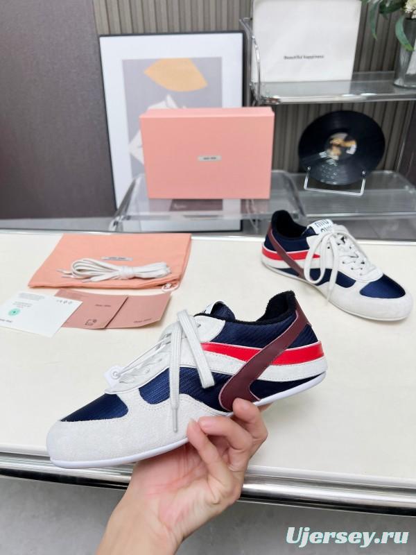 2025 Women Miu Miu Navy White Red Suede Fabric Sneakers LY00