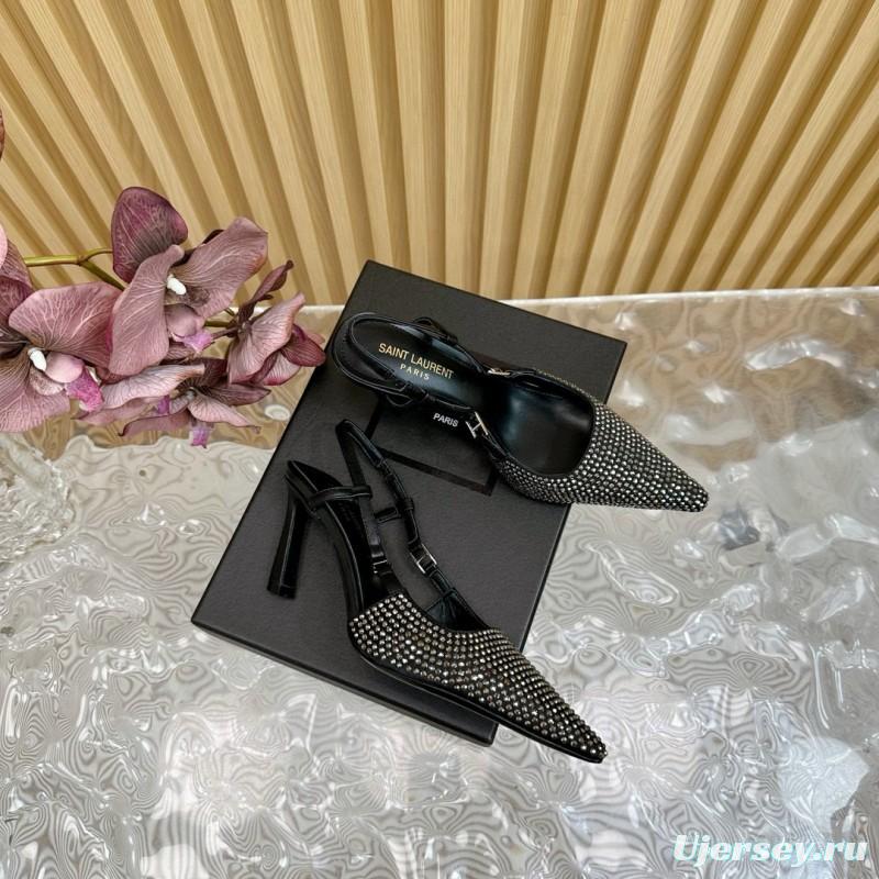 2024 Women Yves Saint Laurent Black Silk Slingback Pumps Crystal Embellishment MJ00320