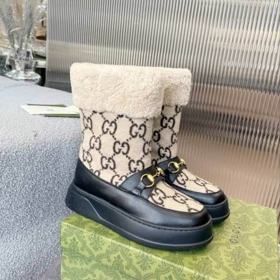 2024 Women Gucci beige black leather shearling snow boots MJ00420