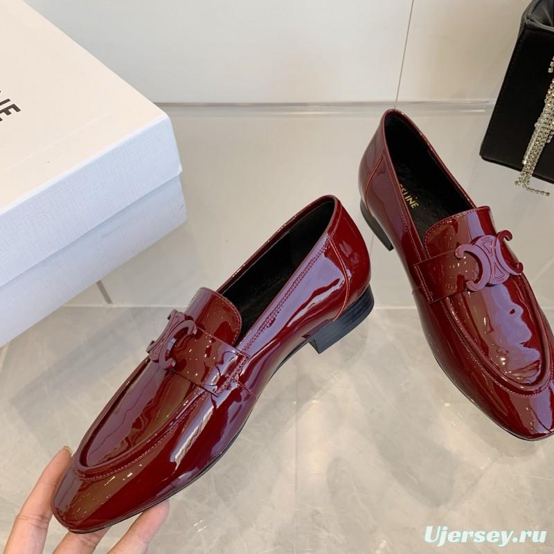 2025 Women CELINE Burgundy Patent Leather Loafers