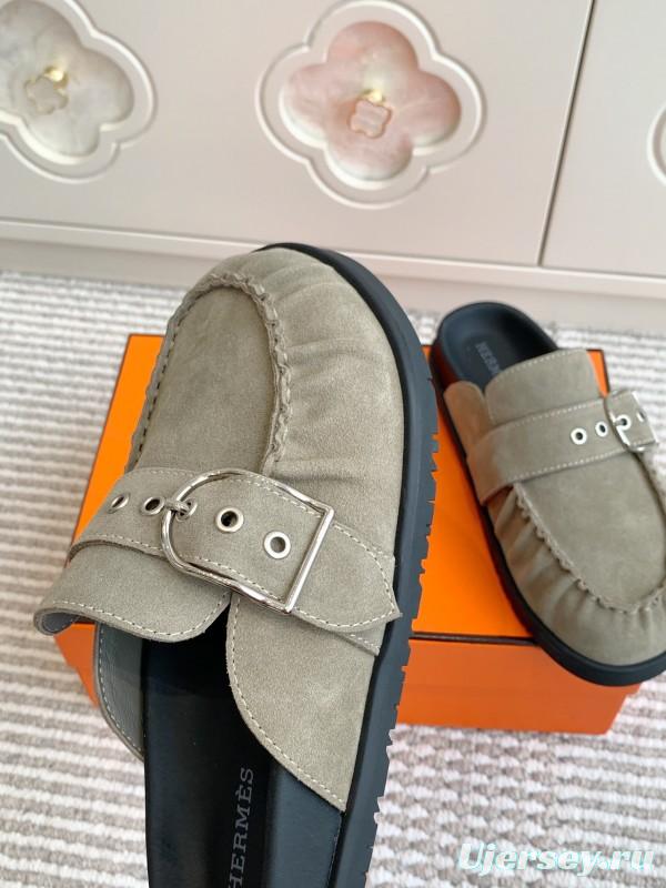 2025 Women Hermès Grey Suede Mule Shoe KFY00290