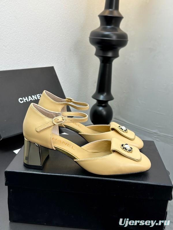 2025 Women CHANEL Beige Lambskin Mid Heel Ankle Strap Square Toe Pumps