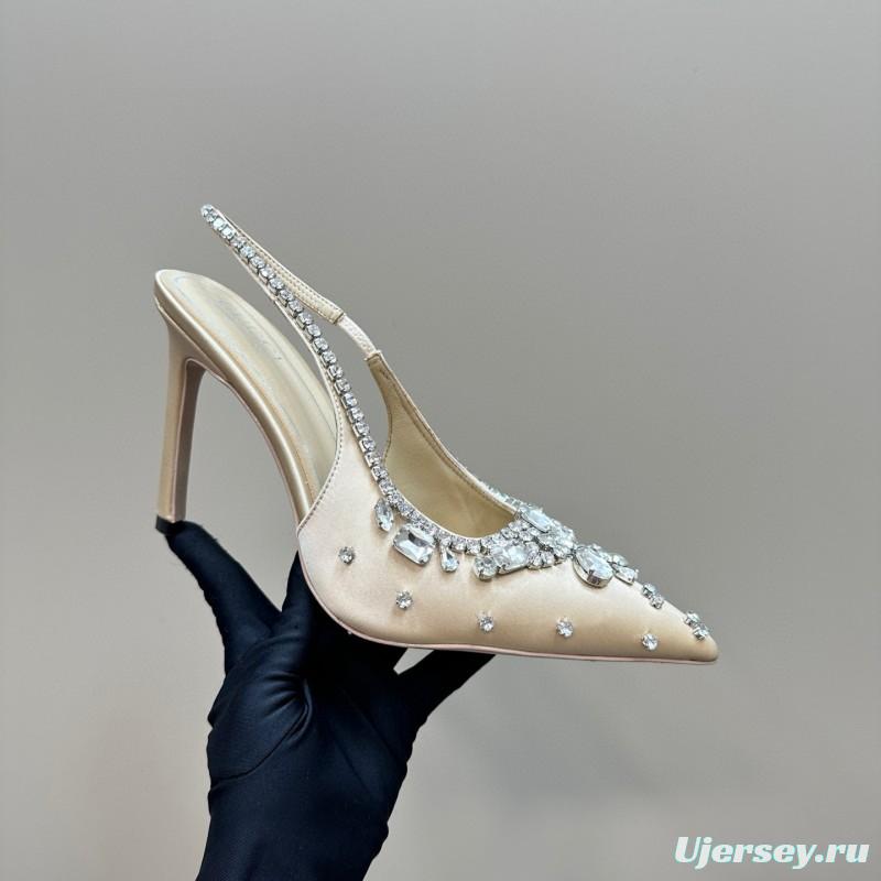 2025 Women Gucci Beige Silk Crystal Embellished Slingback Heels MJ00340