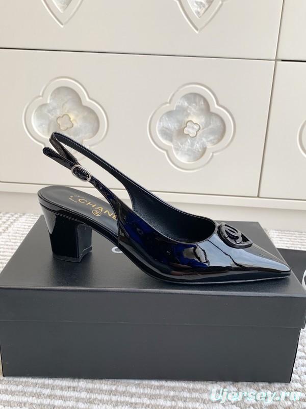 2025 Women Chanel Black Patent Leather Slingback Pumps Heart CC KFY00300