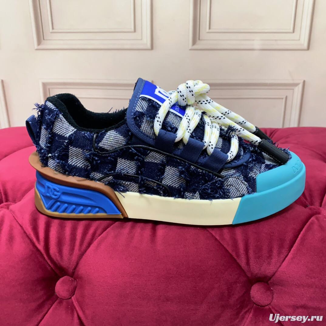 2025 Unisex Dolce & Gabbana Blue White Brown Denim Leather Sneakers