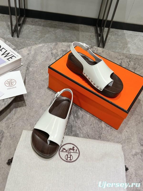 2025 Women Hermès White Leather Slippers