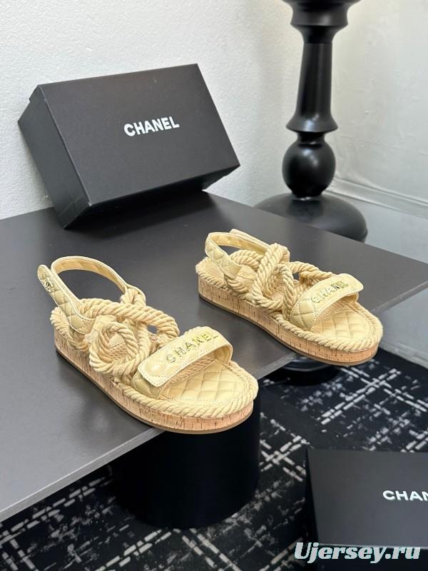 2025 Women Chanel Beige Rope Leather Slingback Sandals