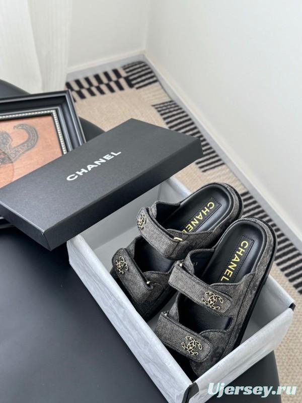 2025 Women Chanel Grey Fabric Leather Sandals Magic Tape LY00310