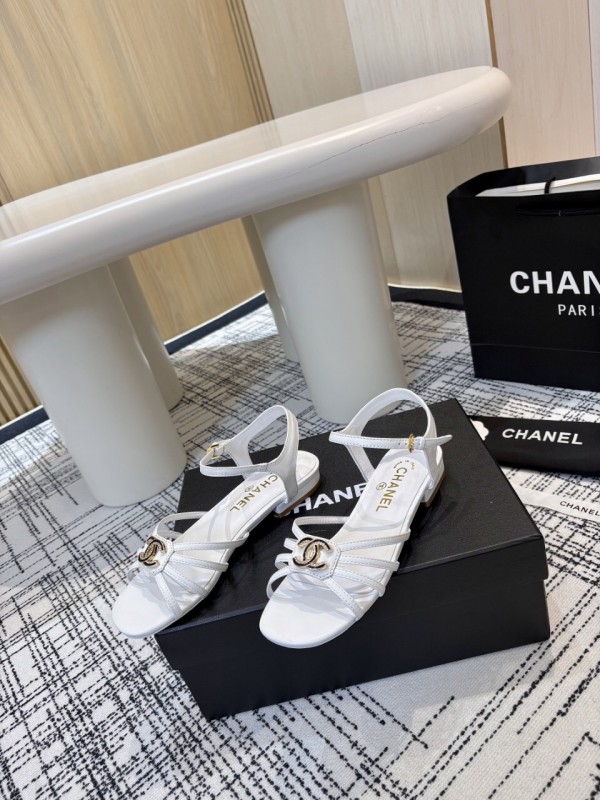 2025 Women Chanel White Leather Sandals LY00270